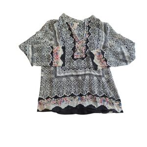 Sundance Black and White 100% Silk Blouse Vita Beaded Long Sleeve Size M